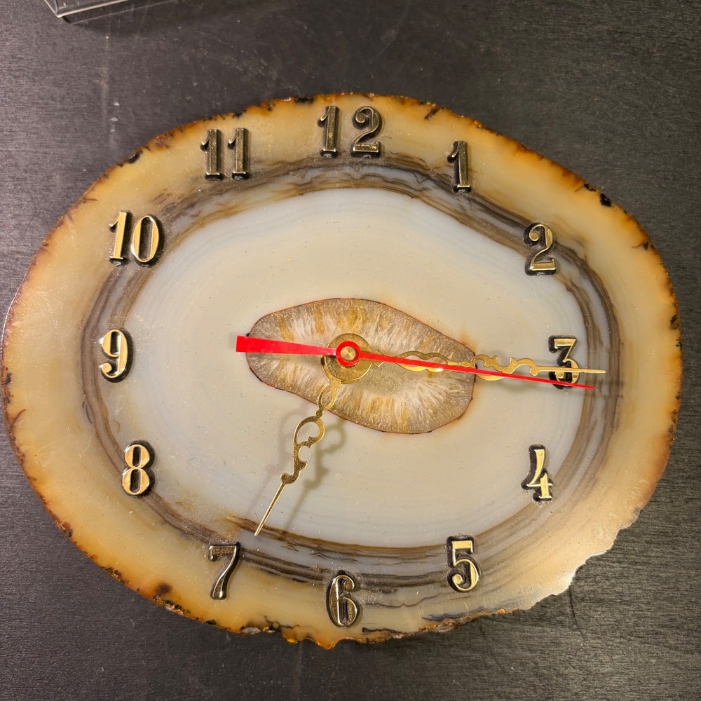 Vintage Agate Slice Desk Clock Natural Stone Geode Gold Tone Numerals Stand